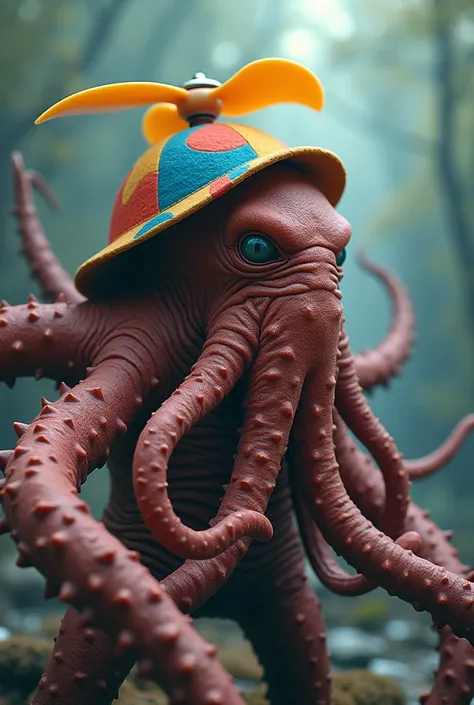 Chuthulu wearing colorful felt cap with a plastic propeller on top