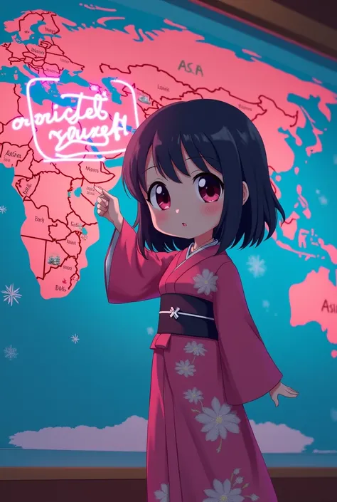 Create an image where there is a cutie ,  anime style ,  pointing to Asia on a world map.
 She wears traditional oriental clothes .
Theres a text bubble shes talking in "Orient yourself !" 
Use 80s neon colors 