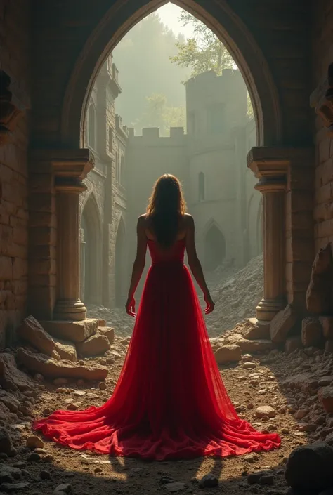  Make me a 30-year-old woman screaming in the living room of a medieval castle all destroyed and in ruins,  this girl is crazy and has great magical power, Everything you can imagine can be created . That she has a red dress.  Let it be fantasy style 