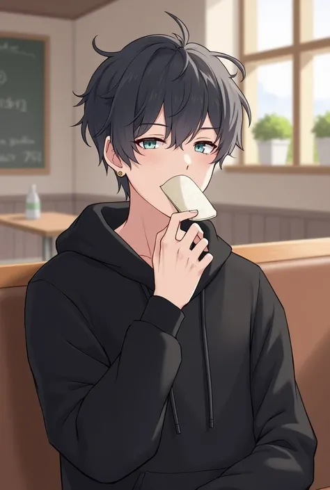  The background depicts a stylish cafe-style room 。 the character is a young man 、 has a black and gray hairstyle 、 has short, lightly disheveled hair 。Hes wearing a black hoodie 。 has a gentle expression 、 carrying it around his mouth while holding a tria...