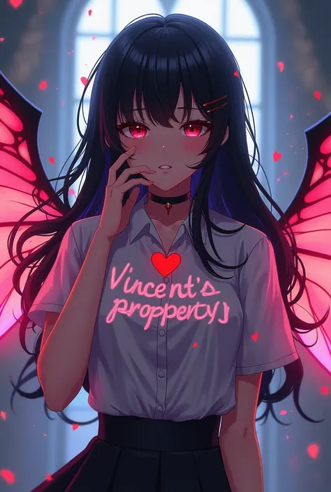 Chica anime con el cabello largo negro alas resplancecientes y que en la blusa diga Vincents Property♥️