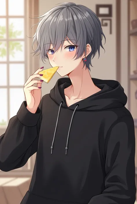  The background depicts a stylish cafe-style room 。 the character is a young man 、 has a black and gray hairstyle 、 has short, lightly disheveled hair 。Hes wearing a black hoodie 。 has a gentle expression 、 while holding an elegant triangular rice ball in ...