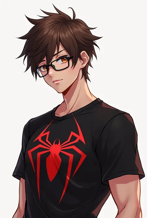 Anime mens short brown and brown hair with lenses black Spiderman shirt 