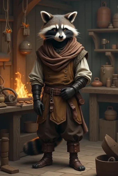  “A semi-human inspired by a raccoon in a medieval fantasy environment . His face is completely human , with a curious and friendly expression . . The only animal features are raccoon ears and a characteristic ringed tail..  Her hair is long,  of a dark br...