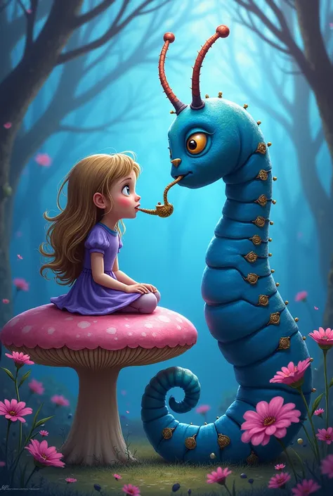  Alice talks to a blue caterpillar in Wonderland, who sits on a mushroom smoking a hookah .  image in blue and pink.