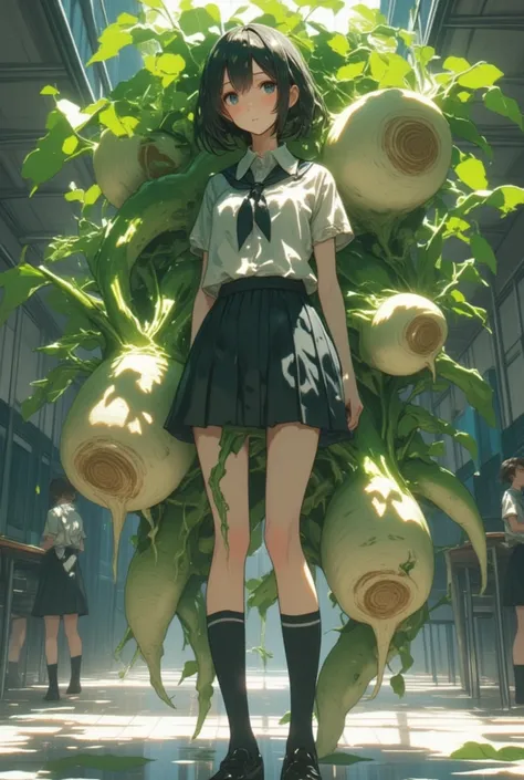 A high school girl parasitized by Daikon, wearing school wear