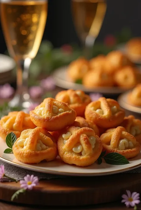  A highly detailed and realistic cinematic scene of delicious party snacks , like coxinhas , risoles , cheese dumplings,  arranged in a tempting way on an elegant table .  The image should capture the crisp and golden textures of the snacks ,  with soft li...