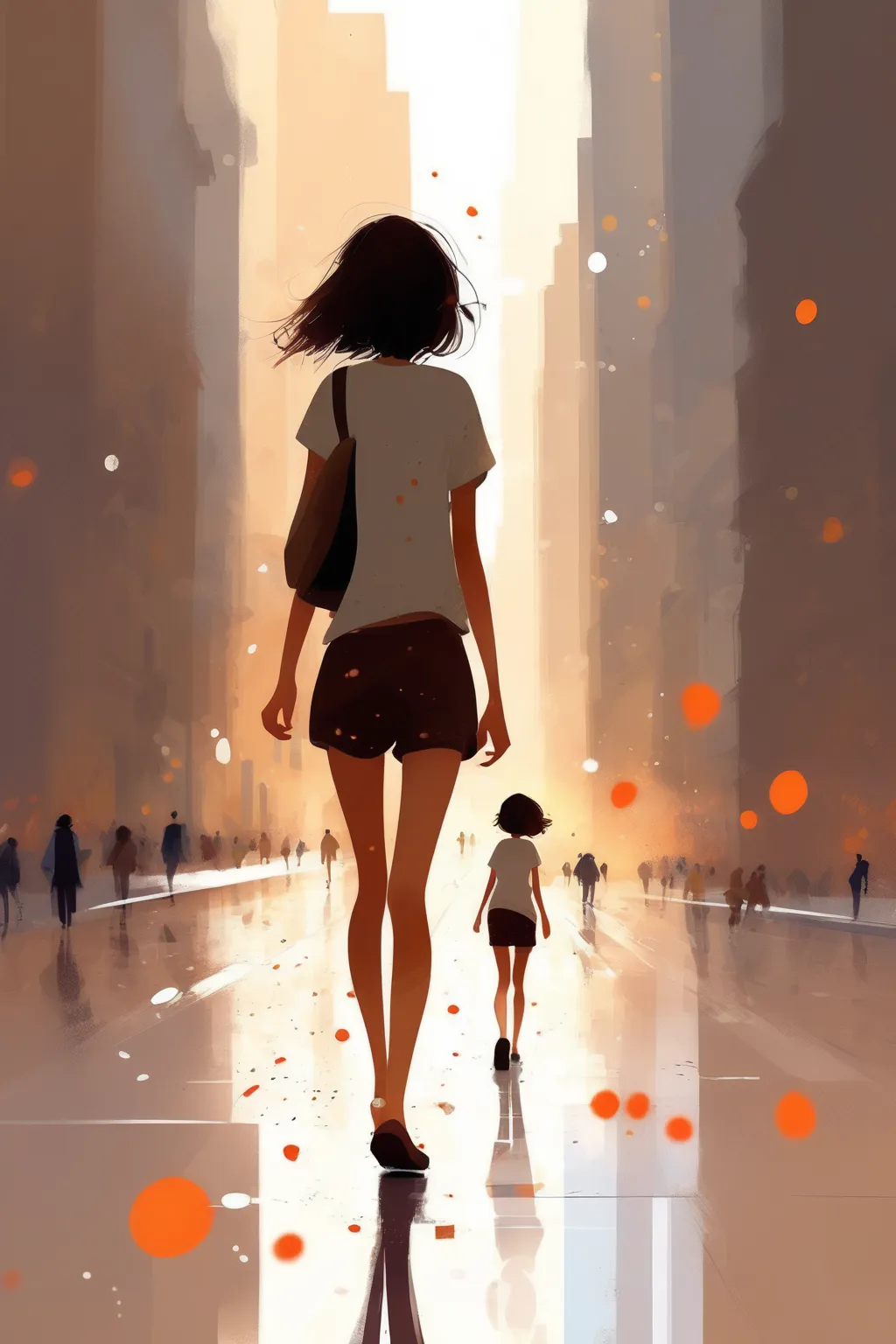 Pascal Campion Style - A lively digital illustration, 1girl, brown hair, brown eyes, walking, full body shot, depth of field, score_9, score_8_up, score_7_up, score_6_up, score_5_up, score_4_up, BREAK solo, calm style