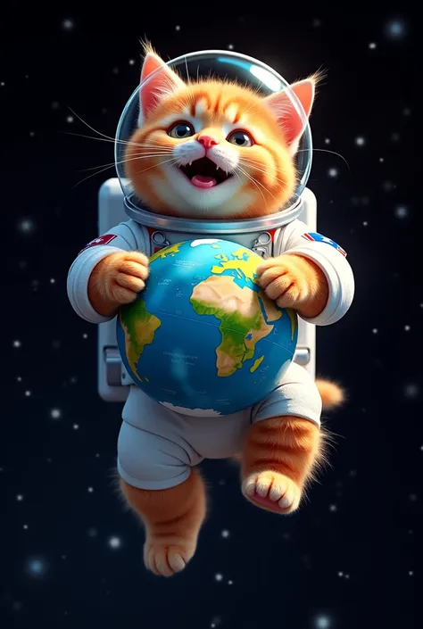 ((cat)) Highly detailed astronaut holding a globe, Flying through outer space,  black background  feliz, happy, floating in outer space, ..3D, Pop Art Effect, Brilliant detail,  black background , 5ABCB9 hex code colors, 63E2C6, FB6376, 613F75, 0C6291