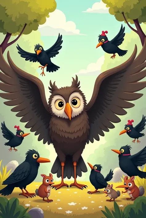 A group of crows flying around annoying animals and the authority comes, which is an owl in front of them raising its wings against the crows.. less realistic, drawn and cuddly