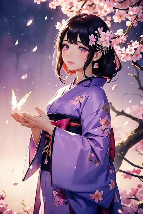 A Feminine and elegant woman in kimono playing with fairys under fluttering cherry blossoms, dark hair, purple eyes, glitter effect, halo effect, double exposure, smudging watercolor, beautiful illustration