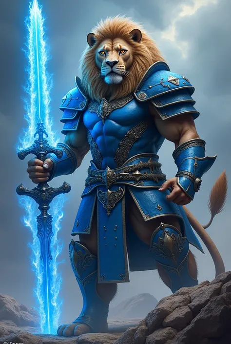 Warrior lion wearing blue armor ,  holding blue sword with flaming rays, ultra realistic photo, ultra detailed