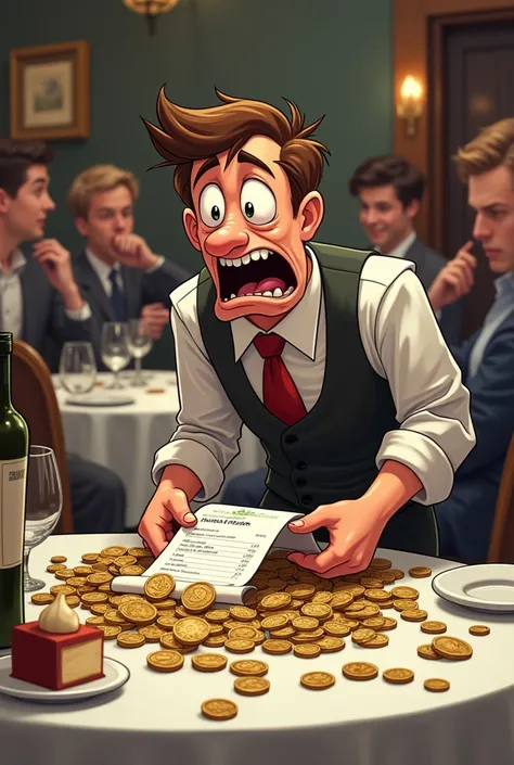 waiter,  being overwhelmed by the situation .  With an expression of desperation and resignation , el waiter observa cómo las monedas de 1,  2 and 5 cents are already scattered wildly on the table ,  along with a receipt with an account disproportionately ...