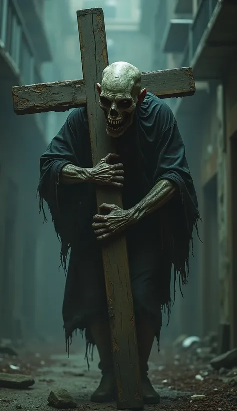 Zombie carrying a cross、 real、High image quality、 High Quality 、Creepy、 Darkness