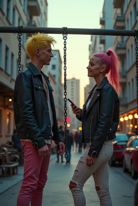 Closed Yard in the city in the evening young people gather, guys with yellow hair dressed in punk style and girls with pink hair, in leather jackets, in pink leggings and torn white jeans, metal jewelry and chains, they communicate, laugh, with phones, han...