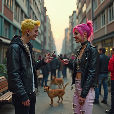 Closed Yard in the city in the evening young people gather, guys with yellow hair dressed in punk style and girls with pink hair, in leather jackets, in pink leggings and torn white jeans, metal jewelry and chains, they communicate, laugh, with phones, han...