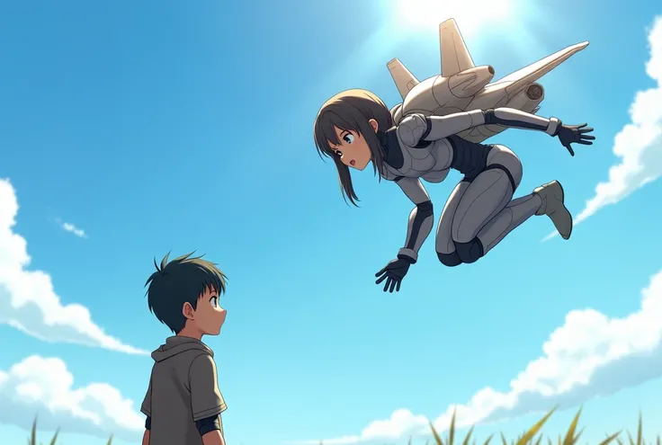 A scene depicting the encounter between a fighter jet-themed female humanoid and a young boy. In the official art style of a 2020s animation movie, 4K quality. The girl is dressed in full armor resembling a fighter jet, floating above the boy, looking down...