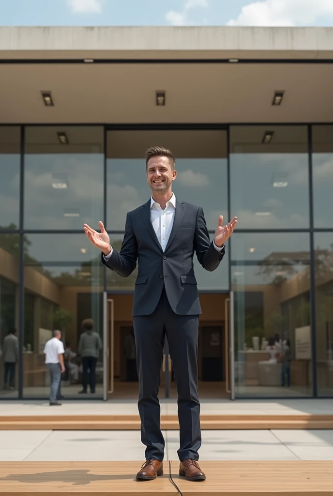 A handsome man with brown hair and glassses wearing a suit is talking on a wooden stage in front of a new archeological museum. 