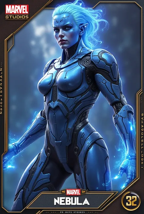 Premium Marvel SNAP Card of Nebula, detailed digital illustration, cybernetic blue and gray skin, full body combat pose, mechanical robotic parts with intricate technological details, metallic blue-gray color palette, dynamic fighting stance, Guardians of ...