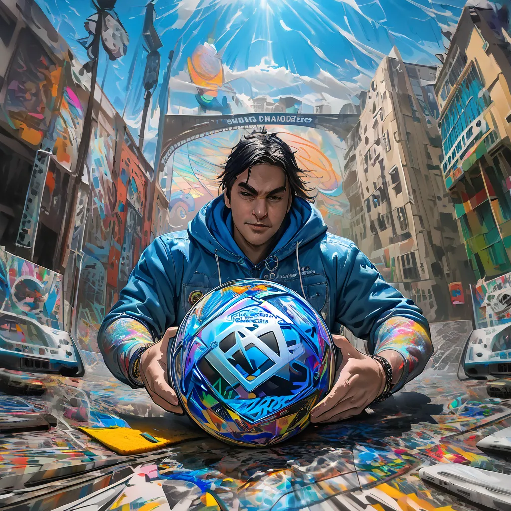 arafed metroan in a blue hoodie holding a blue neon ball, an airbrush painting inspired by michael jametroes smetroith, zbrush c...