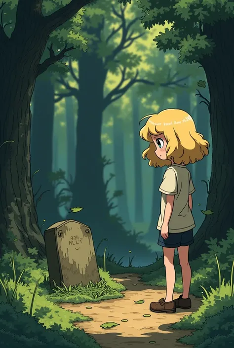  An average teenage girl with curly curly blonde hair going to her mothers grave in the woods with him wearing dirty clothes and clogs, type or style like animated anime 