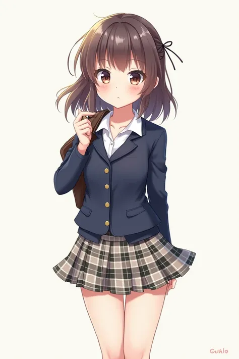 An anime girl in school clothes with a very small skirt