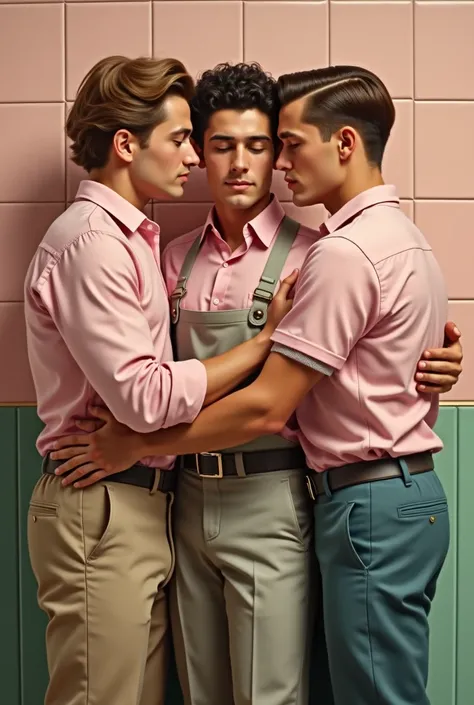 A realistic painting depicts three young men standing closely together in an intimate embrace, set against a background of light pink tiled walls with green vertical panels. The man on the left has light brown hair styled in a classic 1950s wave, with a di...