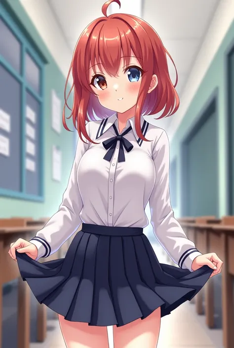 An anime girl in school clothes with a very small skirt that is much shorter 