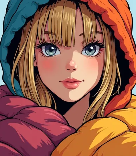  professional close-up photograph of a young woman wrapped in a colorful and warm quilt, Cel Shading,  bold outlines , flat colors , sharp shadows, graphic style, (Manga influence :1.3), clean line work,  stunning visuals , Comic book,  features Long Hair ...