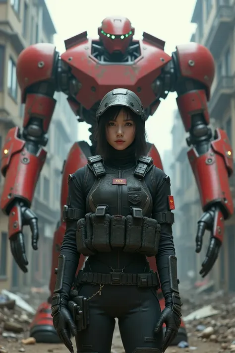 " Create a science fiction scene in a post-apocalyptic urban environment . in the center,  a futuristic oriental female soldier wearing an advanced tactical combat suit in dark tones, wearing a helmet and vest filled with equipment . It displays the Chines...