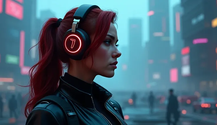 panoramic shot of the impressive Black widow listening to a playlist with her neon wireless headphones