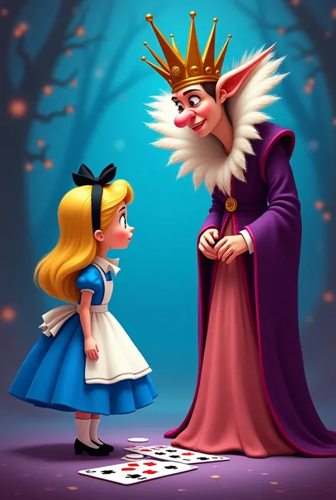  Cartoon Alice from Wonderland curtsey to dissatisfied Chervonnaya. The Queen is unhappy with ,  how playing cards painted roses from white to red .  The image is in blue and purple tones.