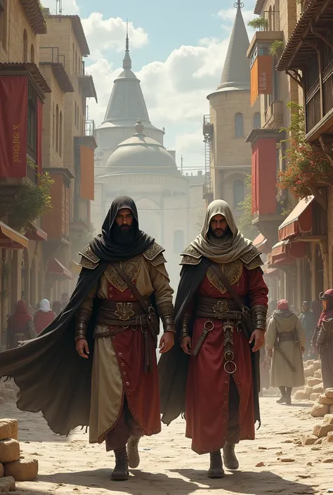 a city in a medieval fantasy world with stereotypes of the state of Acre and a warrior and a warrior in the middle with stereotypes of Acre in their robes walking headlong