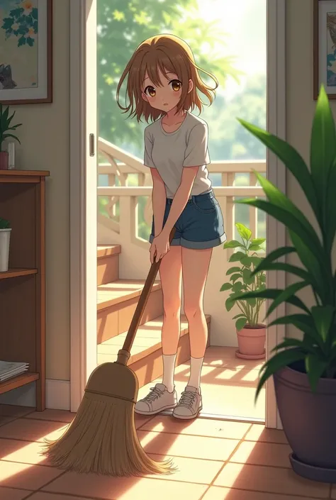 15-year-old teenage anime girl with Caucasian skin with brown eyes and light brown hair in normal clothes sweeping the stairs of her house 