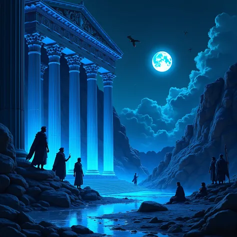 create an image representative of Greek mythology in neon blue and black