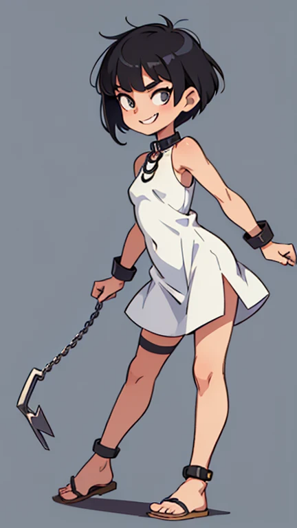 Full body standing girl character design with a fanged smile, short black bowl cut hair, she has a shackle on her neck with large link chain, wearing a simple white sleeveless short dress and lounging, with a flat gray background