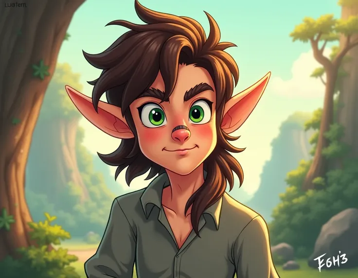 A male elf with brown mulet hair green eyes a gray blouse and a scar on his nose cartoon 