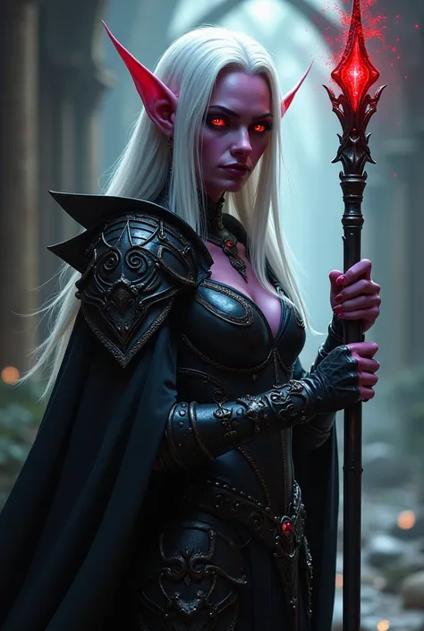  An female elf with dark purple skin and bright red eyes,  with long straight white hair ,  pointy ears , middle aged face .  wears black armor adorned with spider details and holds a scepter with a red jewel on the tip.  His expression is cold and dominan...