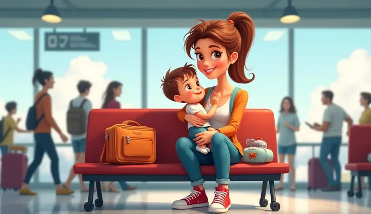 A cartoon woman holds a boys baby and sits on the bench at the airport 