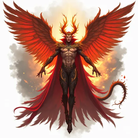 a man with red and orange wings and a red cape, the butterfly goddess of fire, with golden wings of flame, male demon, muscular humanoid balrog demon, male demon man, appears as the goddess of fire, landmark the phoenix, phoenix warrior, winged human, with...