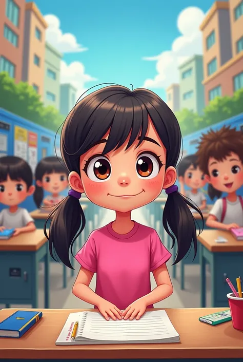  make a cartoon of a girl with long hair in pigtails and a pink shirt while registering her teacher a careful intelligent race, the scene in a crowded school place takes part in a race 