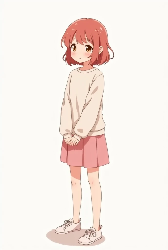 Generate a full body character image of a shy, and timid young woman about 19-20 years old, about 5’1 in height, she has amber eyes, brick pink short hair that ends at her shoulders, she is wearing a cute white long sleeve sweater, and a cute pink skirt, s...