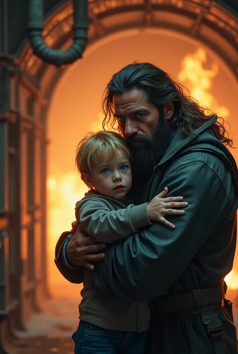  Blue-eyed blond boy , long-haired man with beard ,  protecting young people from fire in a bunker