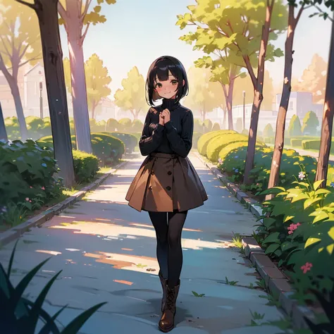 ( High Quality ,  high definition , Very detailed, reality:1.37), Peaceful atmosphere, (Outdoor, garden),  teenage girl standing alone,  Beautiful details,  cute smile with blush, (Black Bob), Ribbed sweater,Brown skirt, Black tights,  brown boots .