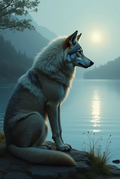 A WOLF SAT IN FRONT OF A LAKE THINKING WHY HE WAS BEING JUDGED. 