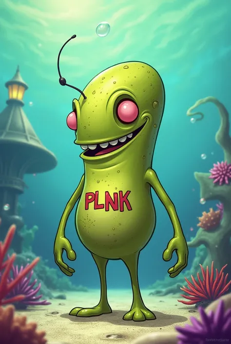 Create me the character Plankton from SpongeBob the same as in the cartoon with a tattoo marked Plnk 
On the torso