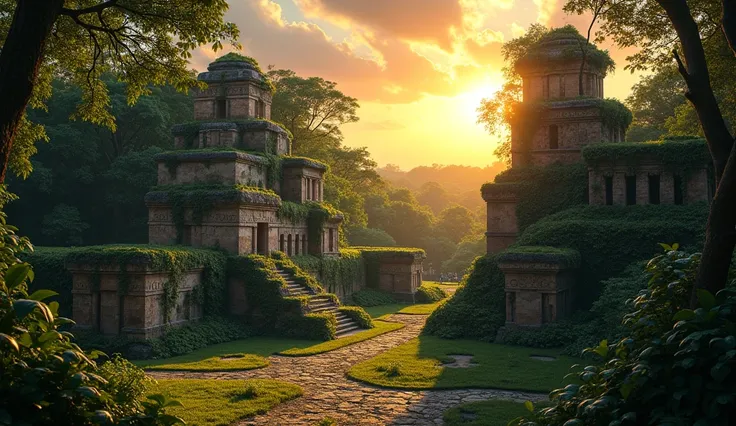 Mayan ruins in the middle of a dense jungle ,  with vine-covered temples and trees emerging from buildings .  A sunset sky colors the stage with warm tones ,  while Mayan hieroglyphics illuminated by a faint light seem to tell stories of a glorious past an...