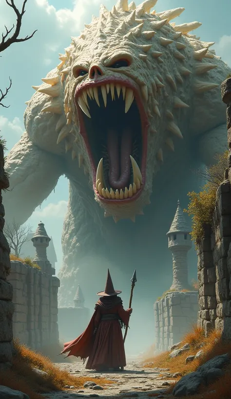 A medieval wizard fighting a giant cake monster, The cake is hyper-realistic and has rows of sharp, monstrous teeth in its mouth.