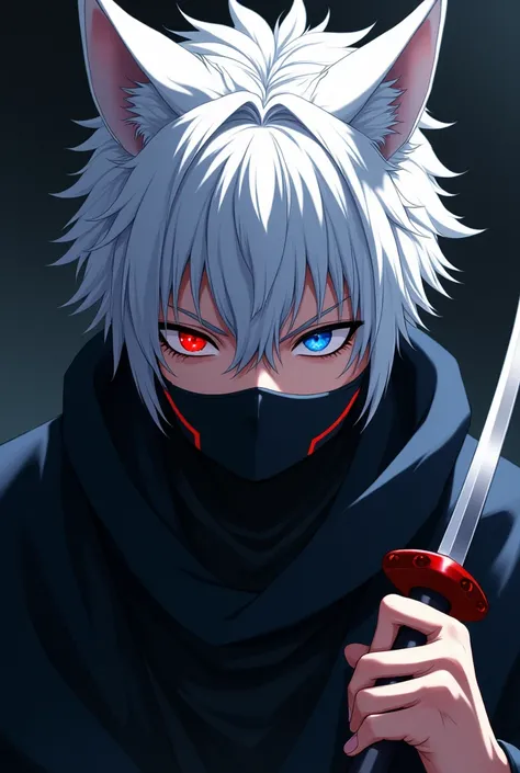  Man anime version with white wolf ears, white hair, right eye blue, red left eye, With a black mask covering his mouth , holding a Kunai