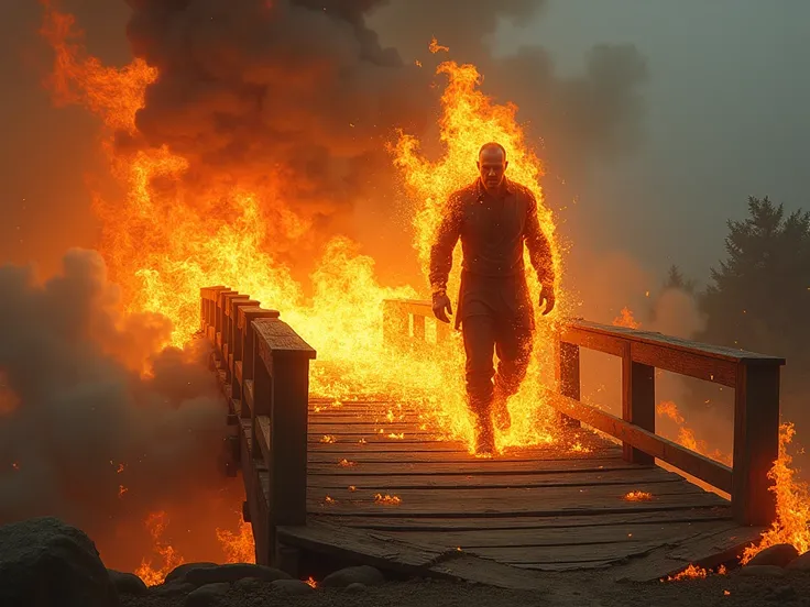 man on fire walking away on a bridge that is burning behind him, fantasy art